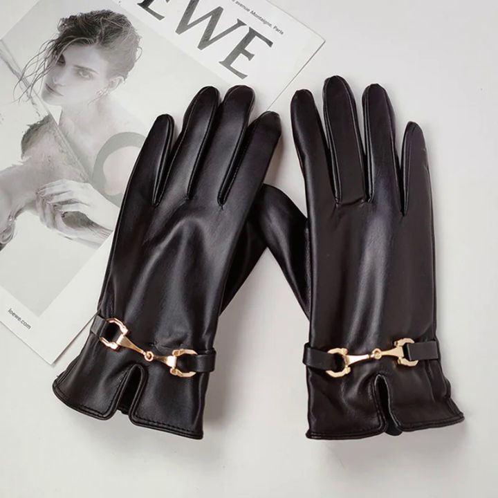 Driving Gloves Ladies Leather Winter Gloves Solitary Waves