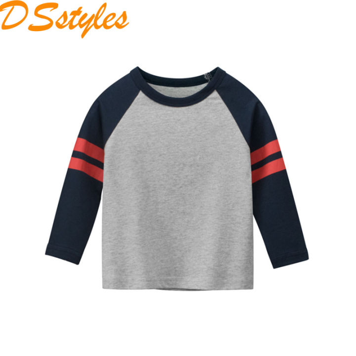 DSstyles Boys Long Sleeve Shirts Cotton Round Neck Tees Sleeve Patchwork Color T-shirt Fashionable Children's Tops