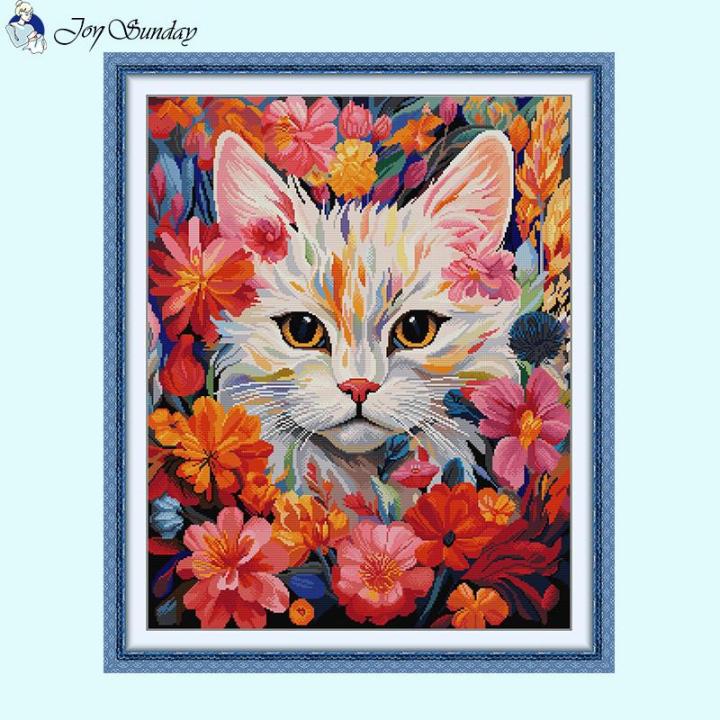 Cat in Flower Animal Pattern Cross Stitch Kit Aida 14CT 16CT 11CT White Counted Printed Fabric Embroidery DIY Home Decor Crafts Vnce Lncei