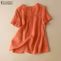 ZANZEA Women Short Sleeve Button O-Neck Shirt Summer Casual Cotton Baggy Blouse Tops #2. 