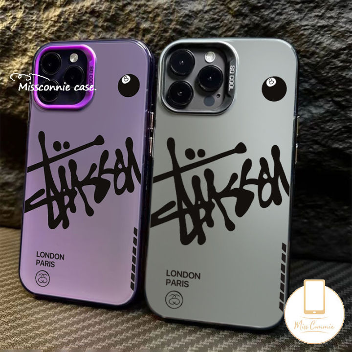 Trendy Brand Stussy Billiards Phone Case Compatible for IPhone 11 13 14 15 12 Pro Max 7 8 14 Plus X XR XS Max 7Plus SE 2020 Luxury Plating Graffiti Letters Shockproof Cover