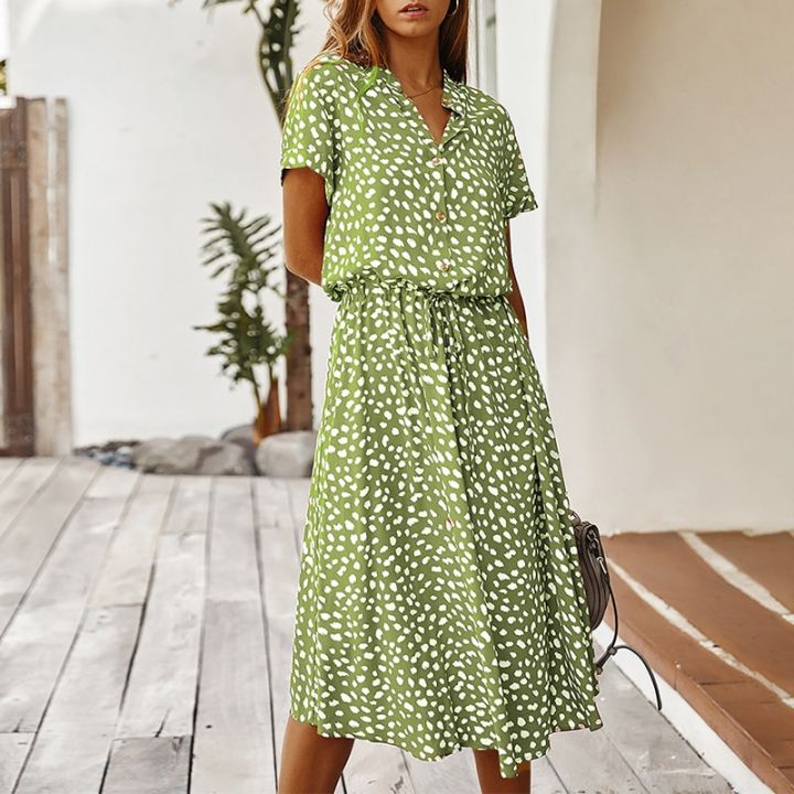 Fashion%20Women%20Dresses%20Summer%20Boho%20Dot%20Print%20High%20Waist%20Shirt%20Dress%20Casual%20Holiday%20Beach%20Short%20Sleeved%20Female%20Midi%20Dress%20-%20Image%203