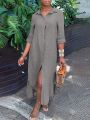 ZNAZEA Fashion Women Shirtdress Autumn Work OL Holiday Dress Solid Color Long Sleeve Buttons Down Casual Loose Dresses Hem Split.