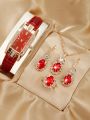 5PCS Set Fashion Women Rectangle Watches Ladies Business Green Leather Quartz Watch Womens Necklace Earrings Bracelet Wristwatch. 