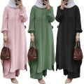 Ladis fashionable 2 Pieces set Islamic Dress Jumpsuit Muslim Top Solid Arabic Blouse and Pants Dubai Abaya.