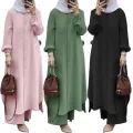 2-Piece Islamic Dress Set - Solid Arabic Blouse and Pants Jumpsuit for Modest Women. 