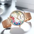 CURREN Women Quartz Watches Elegant Charming Wristwatch for Ladies Stianless Steel Mesh Band Flower Clock Female. 