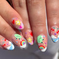 24Pcs Pink French False Nails Rainbow Cloud Design Full Cover Nail Tips Summer Long Almond Nails Almond Press on Nails.