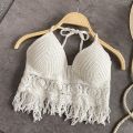 Boho Beach Holiday Camisole Halter Women Crochet Knit Swimsuit Bra Backless Vest Hollow Tassel Tank Top Women's Crop Tops.