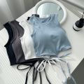 2024 Summer Korean Style Sexy Hot Girl Lace-up Vest All-Matching Sexy Small Sling Fixed Cup round Neck Outerwear Top.