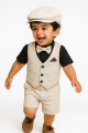 5-Piece Formal Party Dress Set for Baby Boys (6month–7Years) – White/black Shirt with Beige Vest, Shorts, Tie & Cap. 