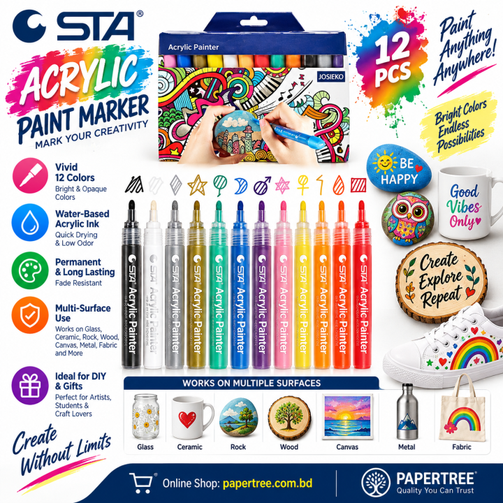 STA Acrylic Paint Marker Pens 12 Colors Permanent Art Markers for Glass Ceramic Rock Wood Canvas Metal & Fabric DIY Painting