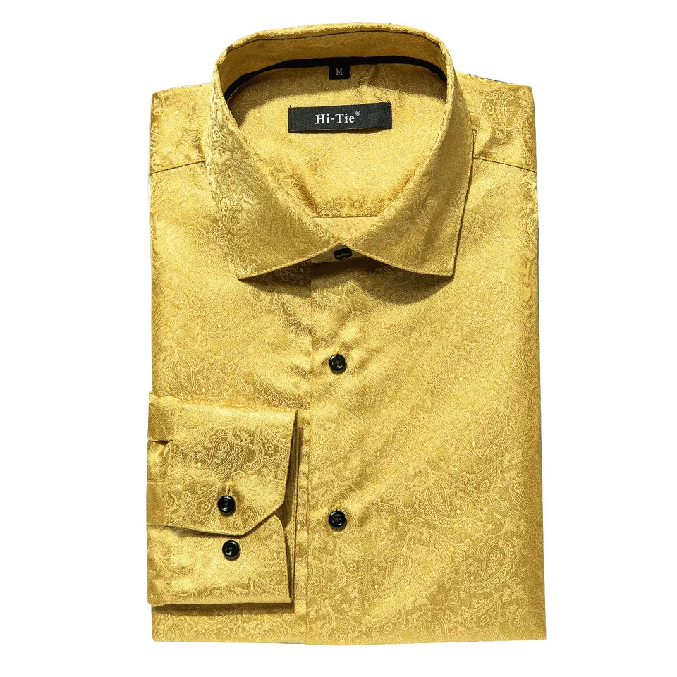 Luxury Gold Men's Silk Shirt High Quality Long Sleeve Paisley