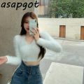 Temperament Grey Chain Tassel V Neck Sweaters Short Slim Knitwear Fashion Chic Korean 2020 Autumn White Bottom Shirts Tops Wild. 