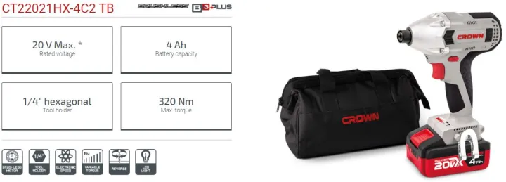 CROWN%2020V%20Cordless%20impact%20screwdriver%2020V%20(Lithium-ion,%204Ah),%201/4"%20hexagonal,%20Max.%20torque%20320%20Nm,%20with%20battery%20and%20charger%20Model:%20CT22021HX-4C2%20TB%20-%20Kings%20Trading%20-%20Image%204