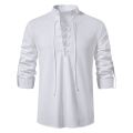 Men's White Shirts Spring Autumn V-neck Top Casual Shirt Man Blouse Long Sleeve Cotton Linen Shirts Viking Front Lace Up Chemise. 