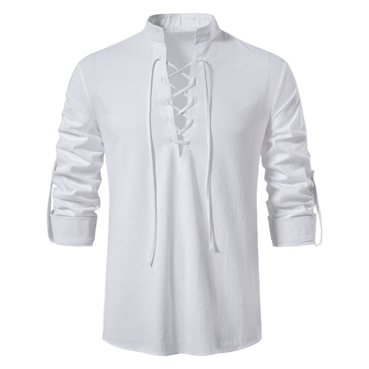 Men's%20White%20Shirts%20Spring%20Autumn%20V-neck%20Top%20Casual%20Shirt%20Man%20Blouse%20Long%20Sleeve%20Cotton%20Linen%20Shirts%20Viking%20Front%20Lace%20Up%20Chemise%20-%20Image%202