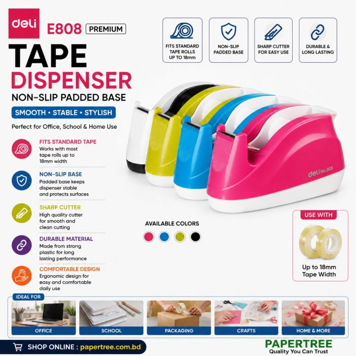 Deli E808 Tape Dispenser Non Slip Padded Base Assorted Colors Office Stationery Cutter
