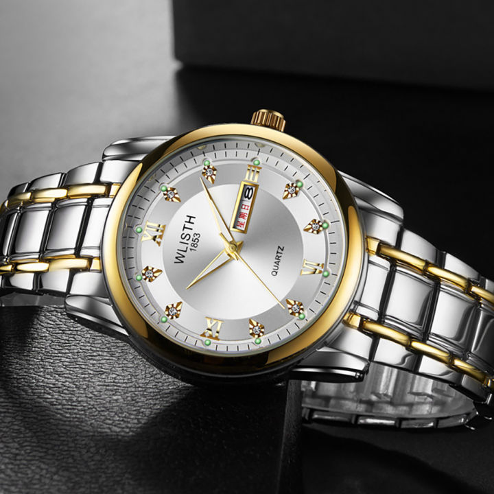 WLISTH Men Quartz Fashionable Stainless Steel Folding Clasps Luminous Pointer Auto Date Waterproof Watch With Box