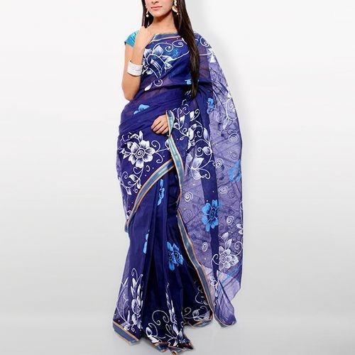 Blue  Cotton  Kota  Handprint  Saree  For  Women