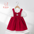 Mai Xiu Xiu Xiu Girls Dress Spring and Summer Bow Puff Sleeve Strap Dress Baby Children's Wear Two-Piece Set. 