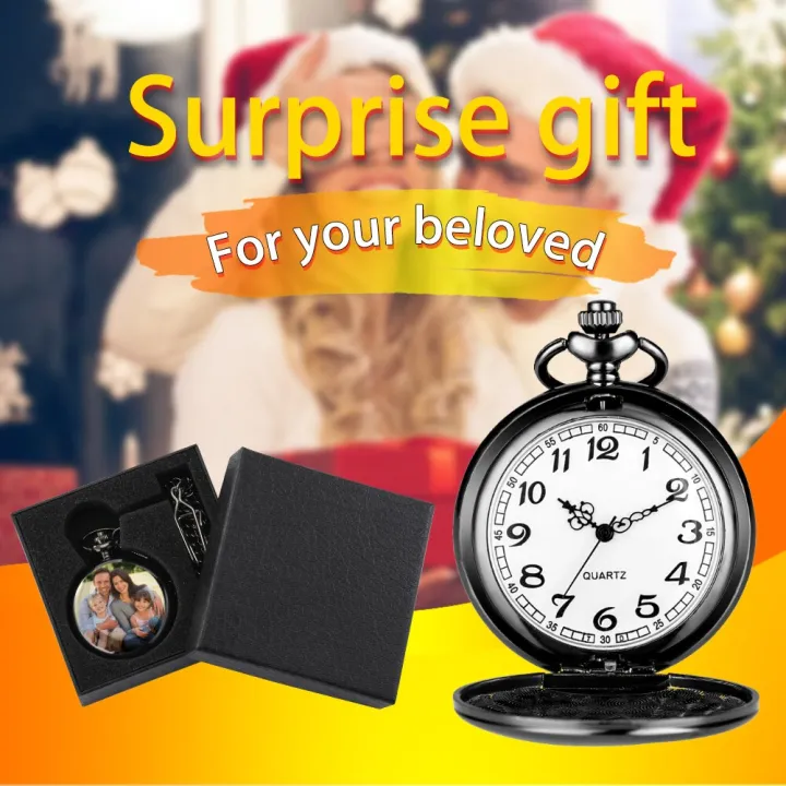 Personalized Photo/Text Custom Pocket Watch Smooth Black Fob Chain ...