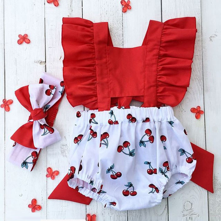 Cute Newborn Baby Girl Clothes Sets Ruffle Backless Cherry