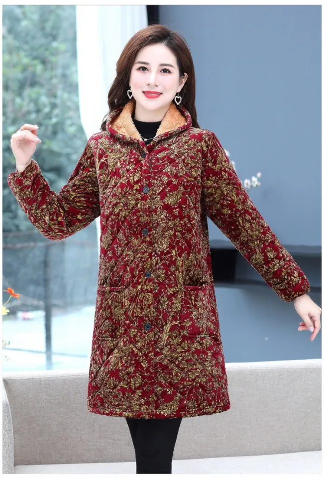 winter dress bd Middle-Aged and Elderly Women's Clothes Mid-Length Cotton Clothing plus Size Mother Cotton-Padded Clothes Old Grandma plus Velvet Flower Cotton Coat Jacket sambhalpuri Lace-Insert Wool and Silk Color:As Picture:Ivory/Nude going out