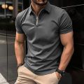 Men's Solid Color Polo Shirt Short Sleeve Zipper Collar Tshirts for Men Summer Turn-Down Streetwear New Male Jogger Tops. 