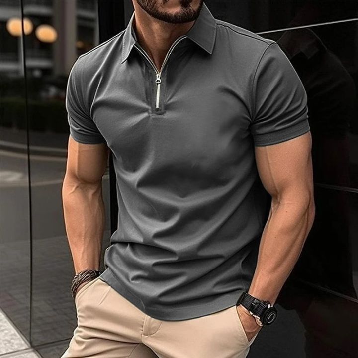 Men's%20Solid%20Color%20Polo%20Shirt%20Short%20Sleeve%20Zipper%20Collar%20Tshirts%20for%20Men%20Summer%20Turn-Down%20Streetwear%20New%20Male%20Jogger%20Tops%20-%20Image%204