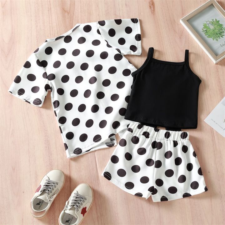 (New)%20girls%20shorts%20suit%20dot%20print%20short%20sleeve%20cardigan%20jacket%20sleepveless%20camisole%20high%20waist%20stretch%20breech%20-%20Image%205