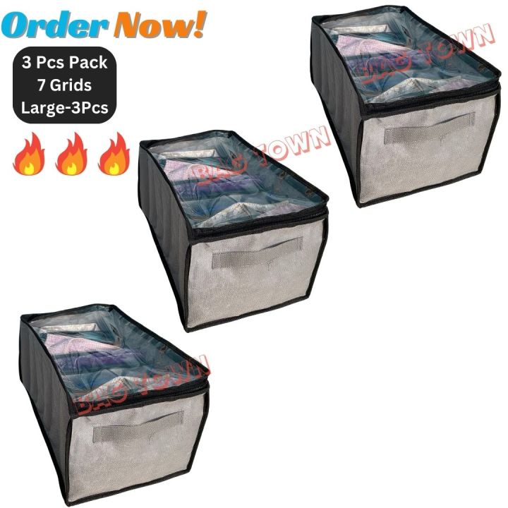3 Pcs Pack 7 Grids Large) New Cloth Storage Box With Transparent Cover Premium Quality Dustproof Cloth Organizer Box With Zipper