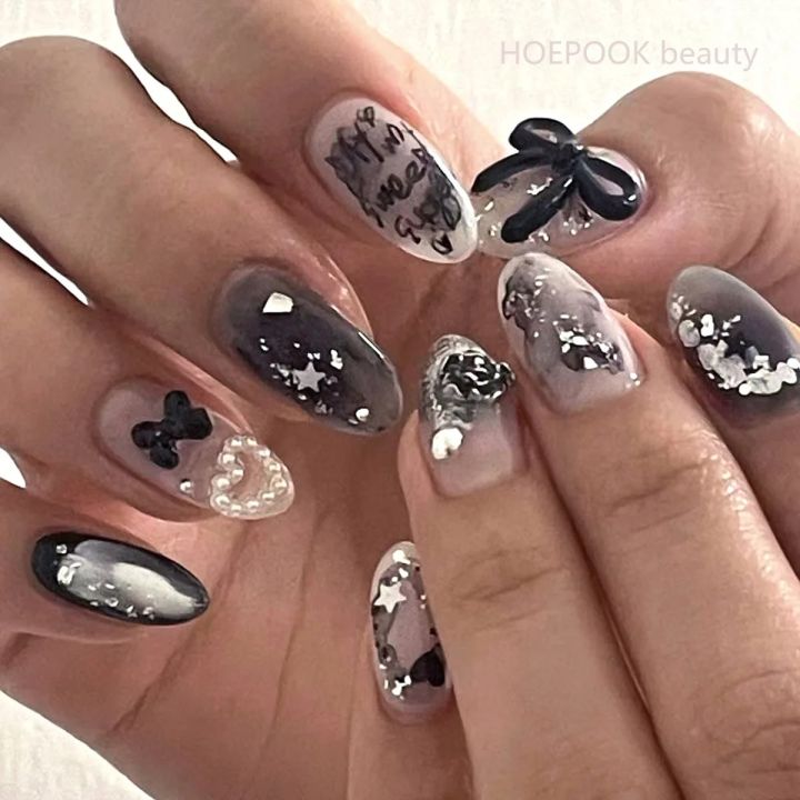 24pcs Black 3D Bow Almond Nails Tips Pearl Love Sequin Design False Nails Art Removable Waterproof Artificial Press on Nail