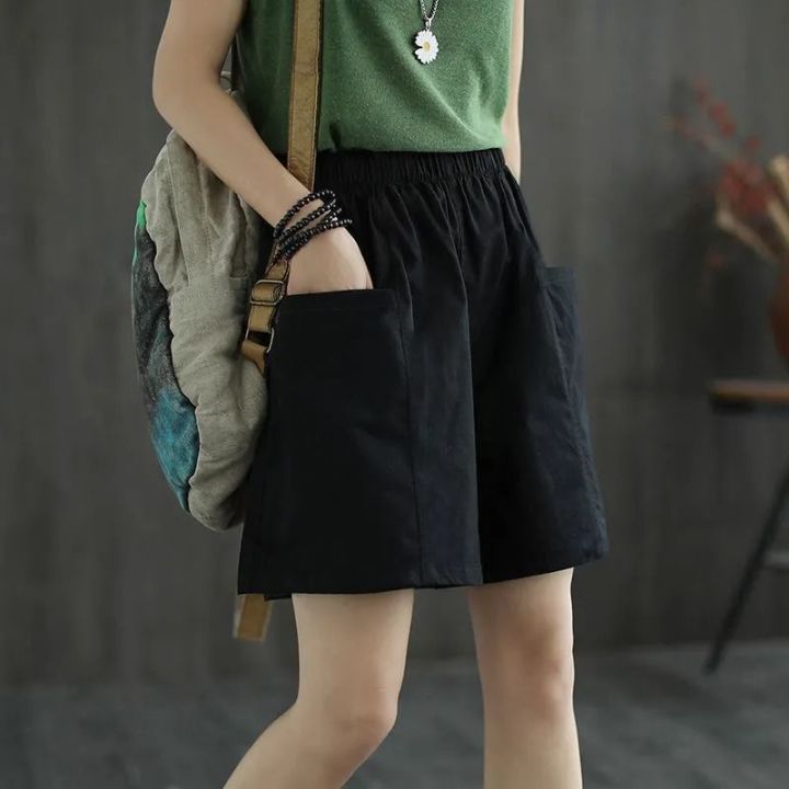 Women's Cotton High Waist Casual Shorts2022Summer Thin New Artistic Pure Color Slimming Versatile Pocket Wide Leg Pants