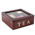 Wooden 9 Grids Tea Box Tea Bags Container Storage Box Square Gift Box Case Transparent Top Lid Jewelry Storage Box-Red  color. 