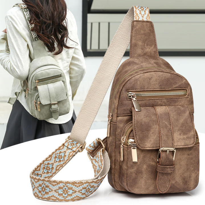 Cross-border tide chest bag women's simple fashion washed leather chest bag casual shopping crossbody bag street trend shoulder bag