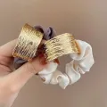Elegant Metal Flower Hair Rope Ring Elastic Hair Tie For Women Girl Satin Solid Color Rubber Scrunchies Summer Ponytail Holder. 