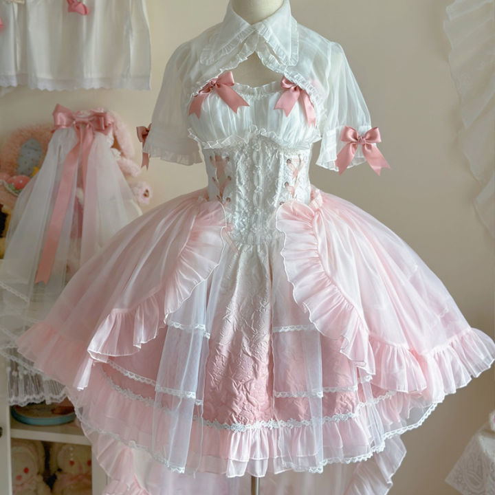 Pink Kawaii Gradient Color Lolita Dress Women Sweet Slim Bandage