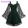 Amamia Women Gothic Cold Shoulder Long Flared Sleeve Waist Tight Bandage Party Dress. 