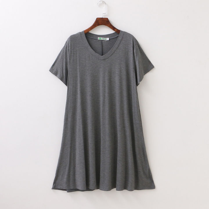 modal%20dress%20pajamas%20summer%20medium%20to%20long%20size%20nightdresses%20loose%20female%20fat%20mm%20200%20pounds%20pregnant%20woman%20v%20neck%20short%20sleeve%20skirt%20-%20Image%204