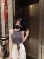 2024 Summer Korean Style Sexy Hot Girl Lace-up Vest All-Matching Sexy Small Sling Fixed Cup round Neck Outerwear Top.