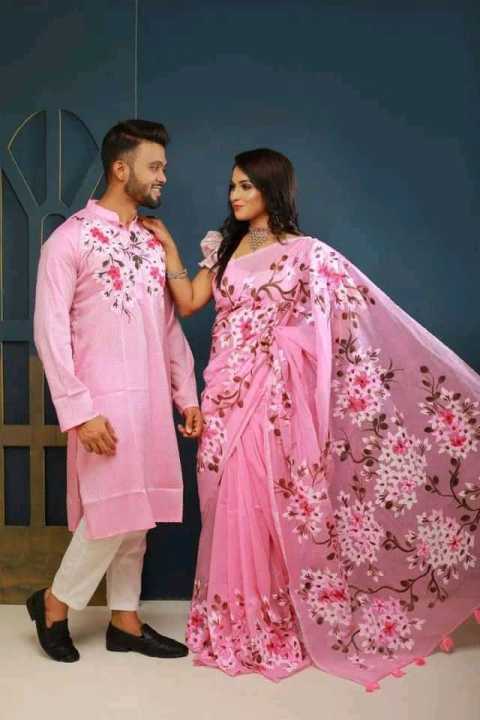 Stylesh & fashionable best Hand Print Half Silk couple Saree and panjabi for man and women