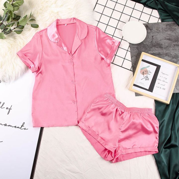 Women%20Sleepwear%20Summer%20Pajama%20Set%20Pink%20Turn%20Down%20Collar%20Faux%20Silk%20Satin%20Blue%20Short%20Sleeve%20Casual%20Female%20Pijama%20Home%20Wear%20Shorts%20-%20Image%202