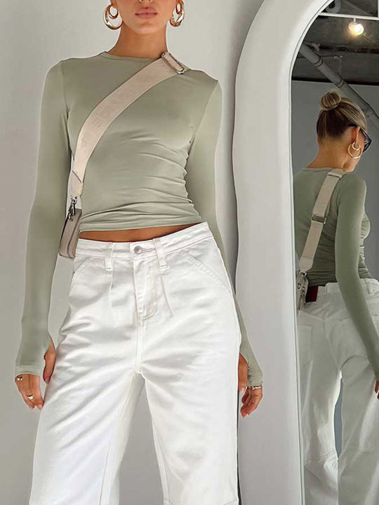 Fashion%20Women%20T-shirt%20Long%20Sleeve%20Crew%20Neck%20Solid%20Slim%20Fit%20Ladies%20Crop%20Top%20with%20Thumb%20Holes%20for%20Daily%20Streetwear%20Summer%20Camis%20-%20Image%204