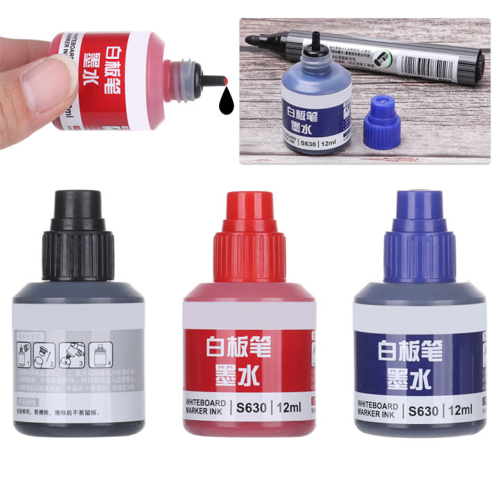 1pc 12ml Whiteboard Marker Pen Refill Ink Black Red Blue 3 Colors Instantly Dry Erasable Ink Refills Tool School Supplies