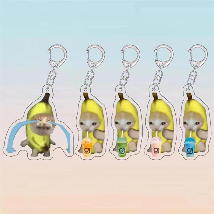 Cute Banana Cat Expression Keychain Weblebrity Cat Schoolbag Charm Funny Happy Cat Lanyard Pendant Chain Jewelry