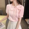 French Chic Bow Short Sleeve Chiffon Shirt Summer Women's Clothing Design Sense Niche Top Western Style Beautiful Small Shirt.