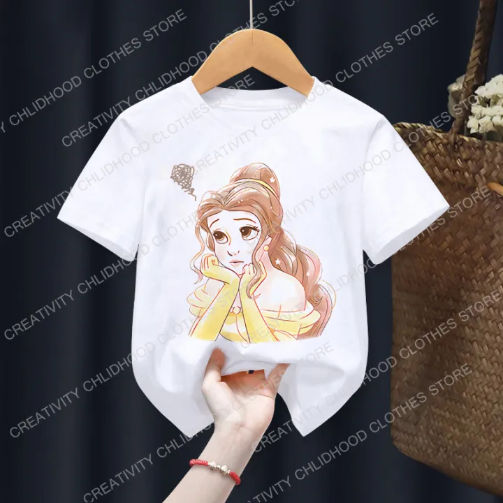 2022 Belle Children T-Shirt Disney Princess Anime T Shirt Clothes Cartoons Fairy Tales Kawaii Casual Top Kid Boy Girl Tee Shirts
