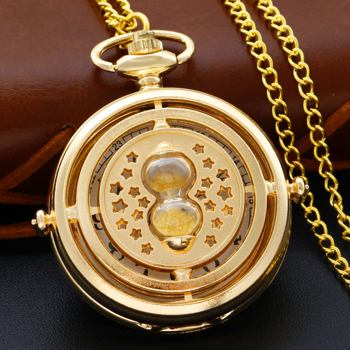 New Golden Time Hourglass Exquisite Quartz Pocket Watch Vintage Gentleman Necklace Pendant Fashion Accessories Clock