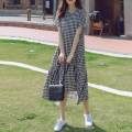 ZANZEA Korean Style Womens Summer Casual Loose Short Sleeve Patchwork Check Plaid Midi Dress.
